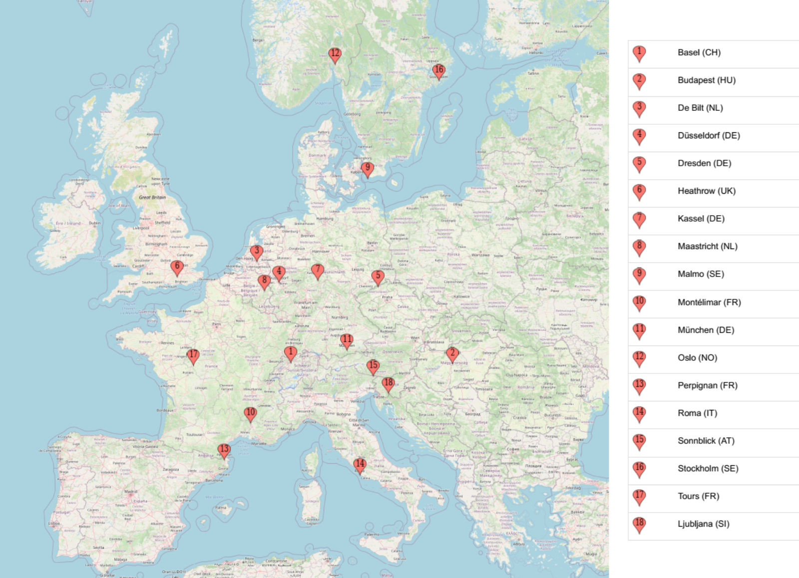 18 European locations in the weather prediction dataset distributed across Austria, France, Germany, Hungary, Italy, the Netherlands, Norway, Slovenia, Sweden, Switzerland, and the United Kingdom.